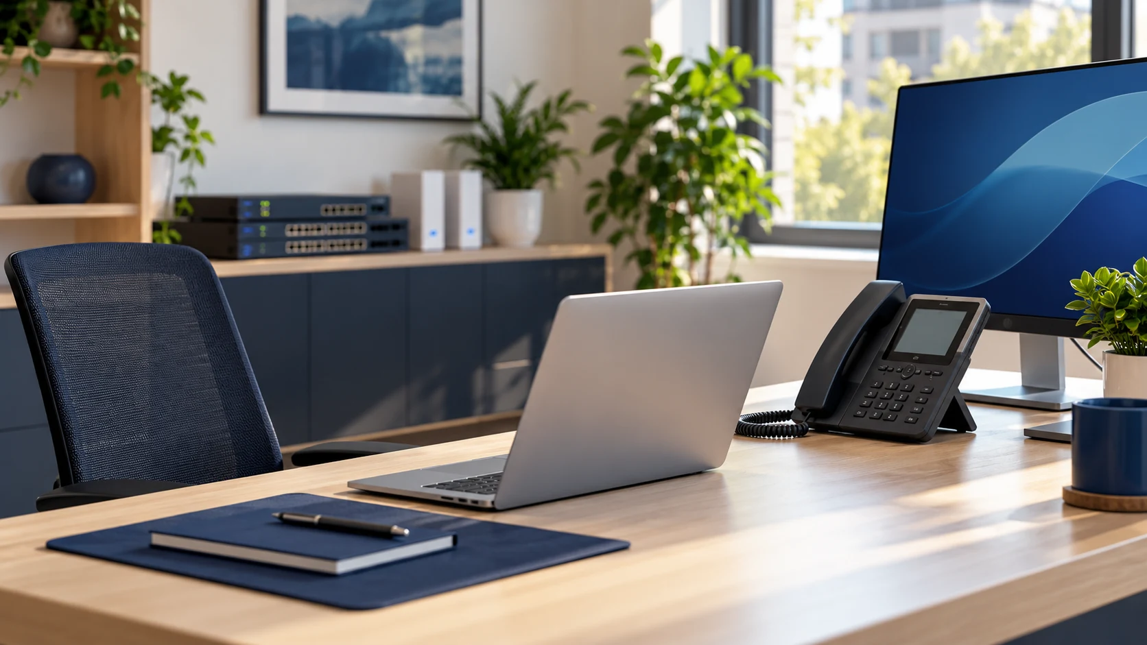 Illustrative business workspace with computers, a phone, and network equipment