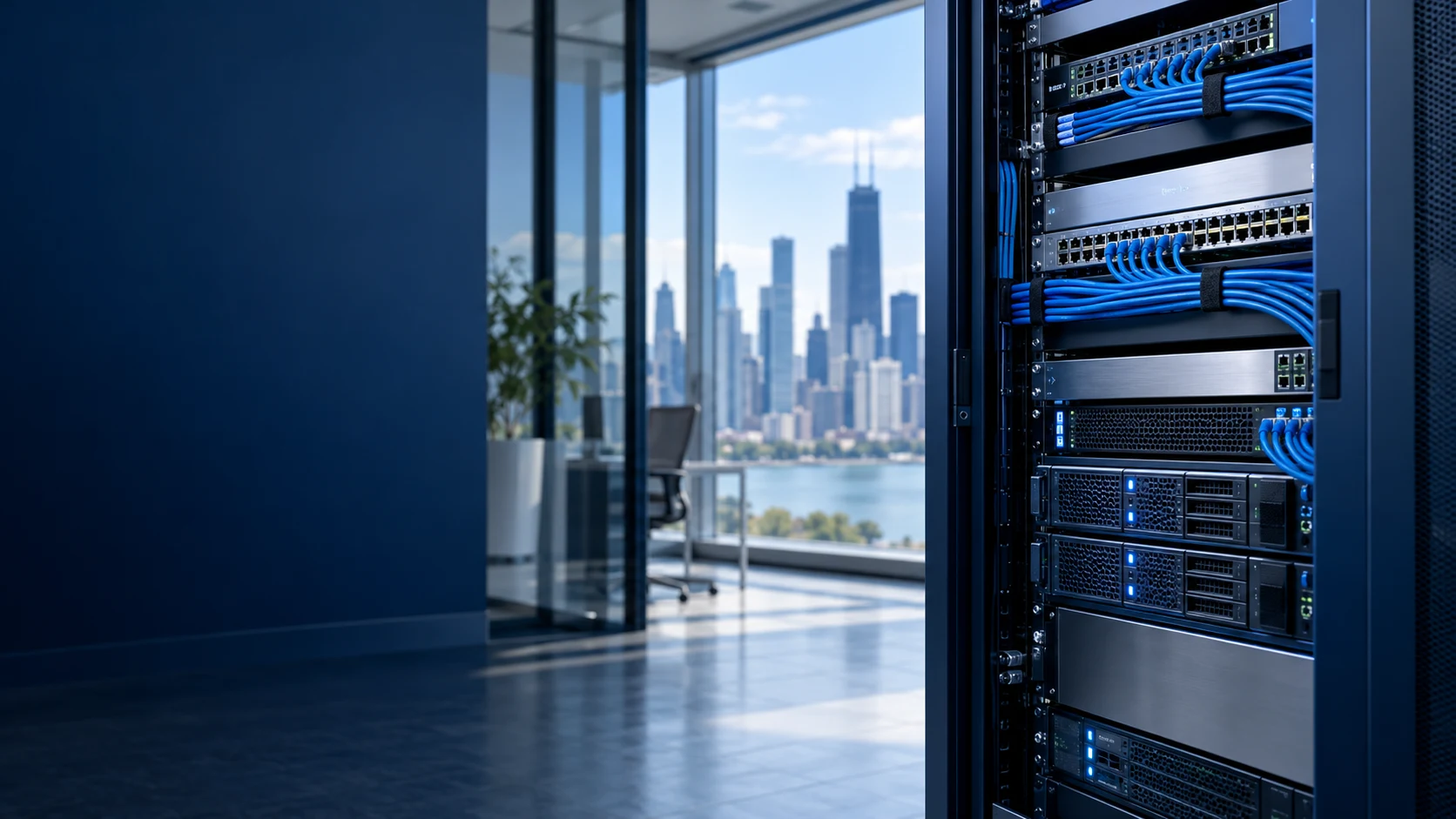 Illustration of an organized business network rack beside a Chicago skyline
